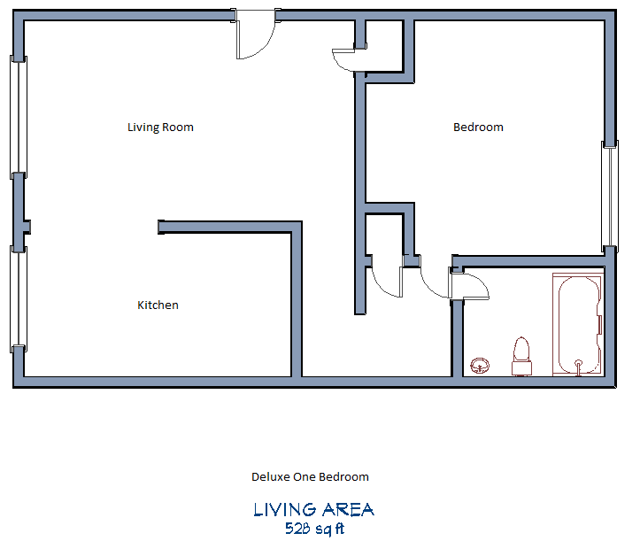 Floor plan for 1 bed, 1 bath, 594 sqft